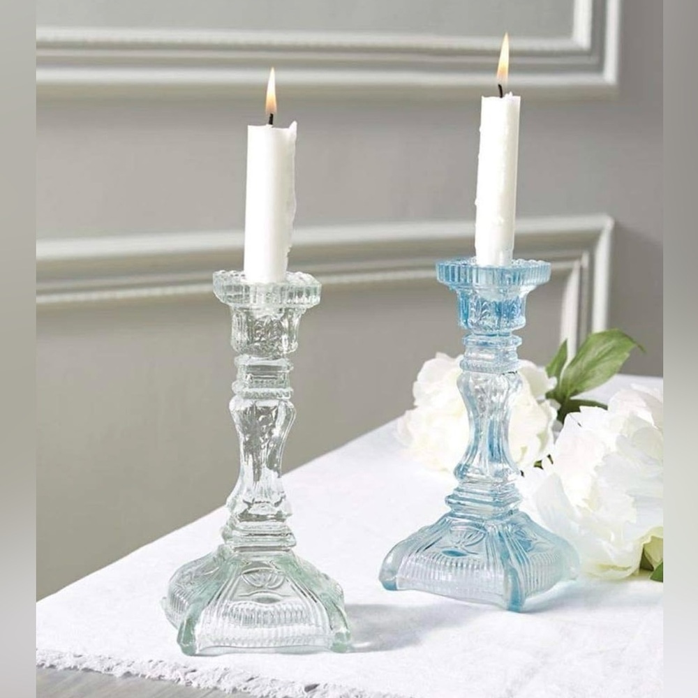 Mudpie Vintage Cut Glass Candle Holders Blue Set